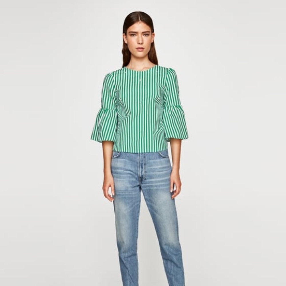 NWOT Zara Striped Poplin Pearl Bell Sleeve Blouse - Picture 2 of 6